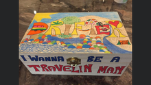 Load image into Gallery viewer, This is one of my earliest box creations, becoming my personal ticket stub and sticker storage area.  Many of my favorite things in life are represented on this box. Creativity most of all!  
